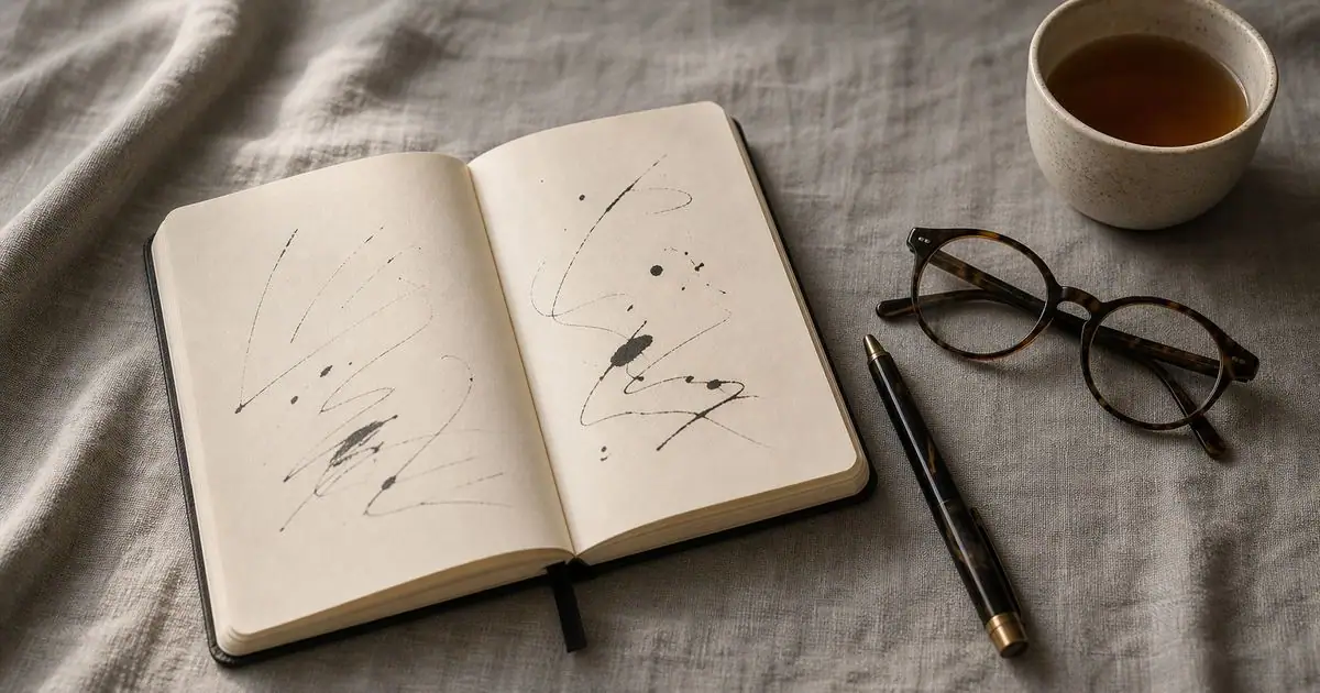 Caderno moleskine com chá ao lado — preparando uma apresentação formal em inglês